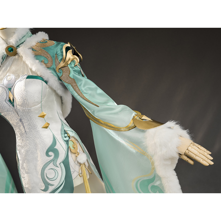 Zibai cosplay costume cuff detail with white fur trim, teal sleeve, and gold hand covering