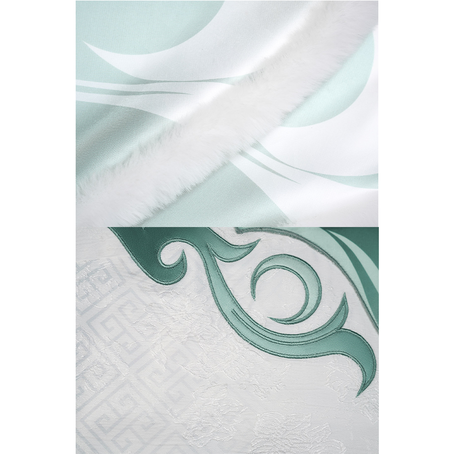 Zibai cosplay costume fabric detail with white base and teal swirl applique design