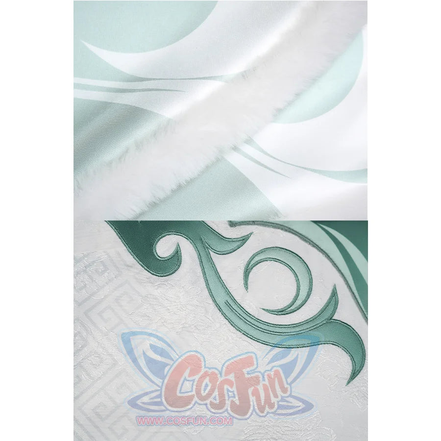 Zibai cosplay costume fabric detail with white base and teal swirl applique design