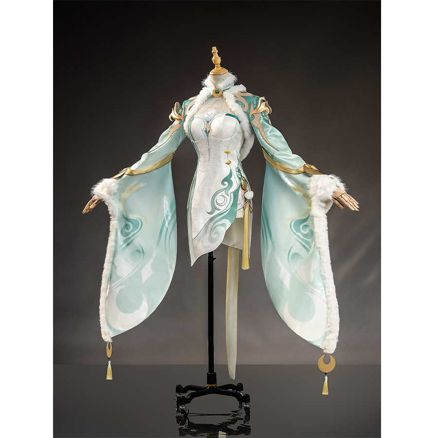 Zibai cosplay costume left side view featuring white bodice with teal sleeves and gold accents
