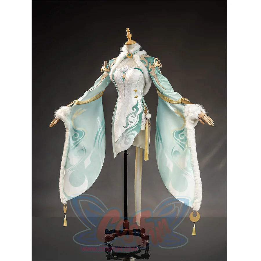 Zibai cosplay costume left side view featuring white bodice with teal sleeves and gold accents