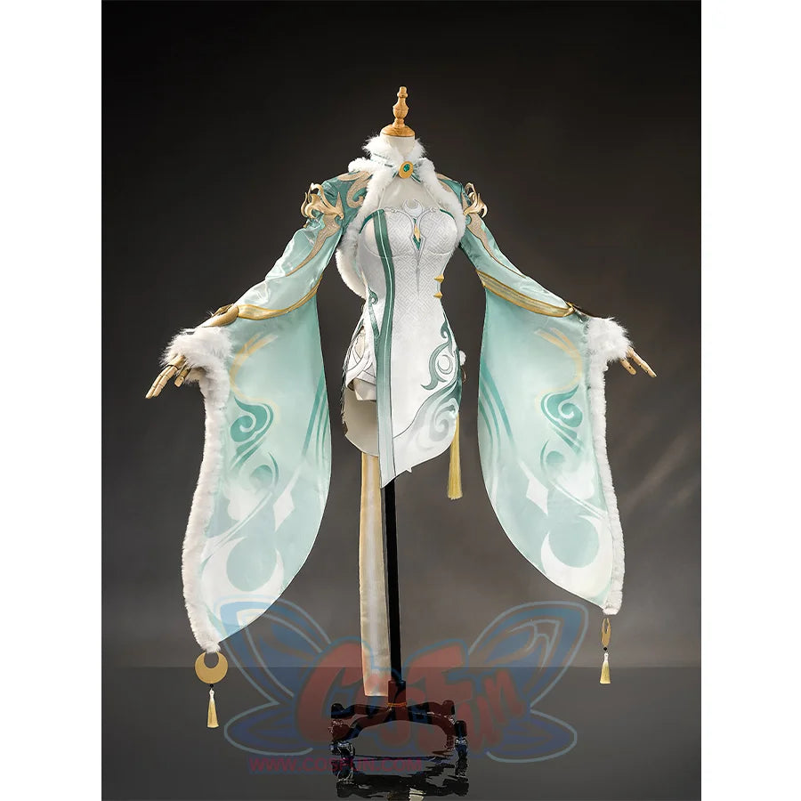 Zibai cosplay costume right side view showcasing teal flowing sleeves and gold tassels