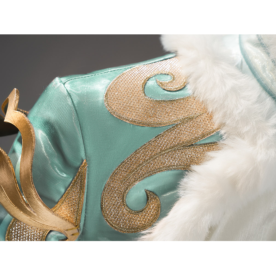 Zibai cosplay costume shoulder detail featuring teal fabric with gold swirl embroidery and fur trim