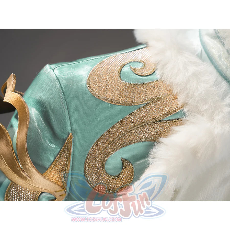 Zibai cosplay costume shoulder detail featuring teal fabric with gold swirl embroidery and fur trim
