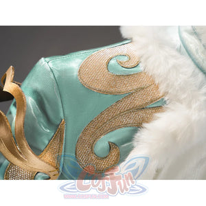 Zibai cosplay costume shoulder detail featuring teal fabric with gold swirl embroidery and fur trim
