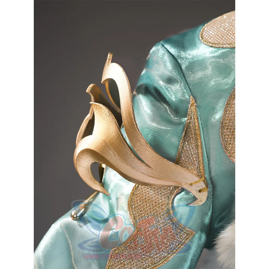 Zibai cosplay costume shoulder ornament with gold swirl design on teal fabric