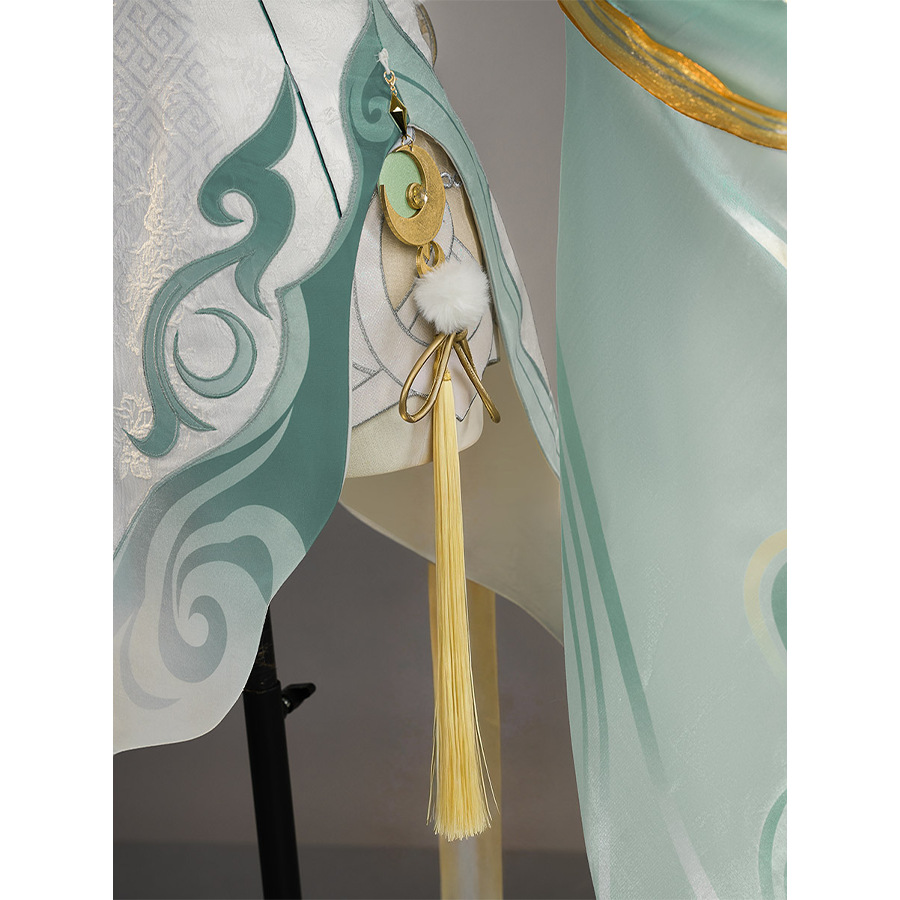 Zibai cosplay costume side pendant with gold ornament, turquoise gem, fur puff, and yellow tassel