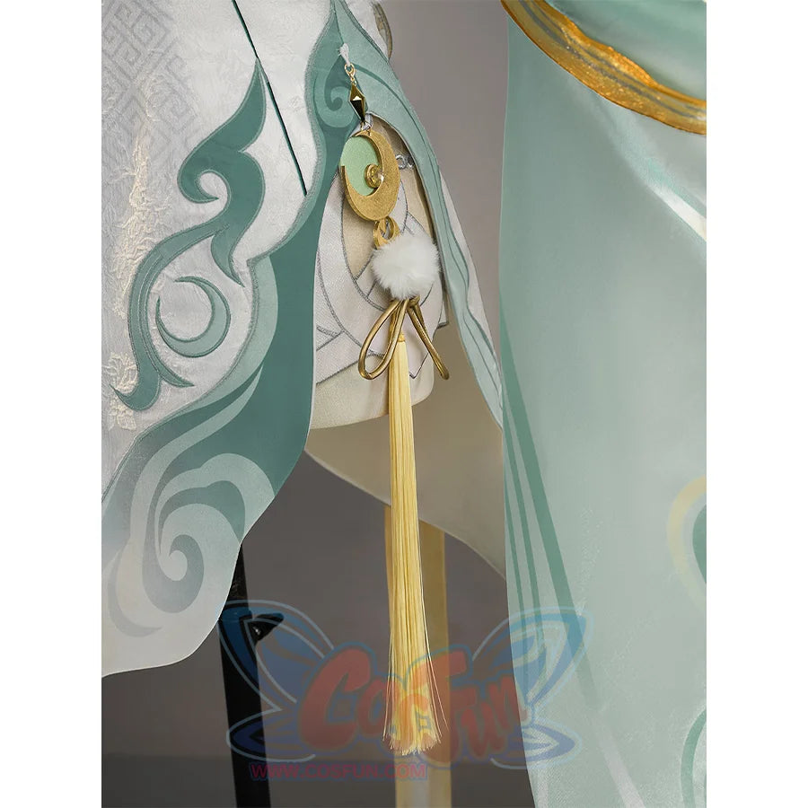 Zibai cosplay costume side pendant with gold ornament, turquoise gem, fur puff, and yellow tassel