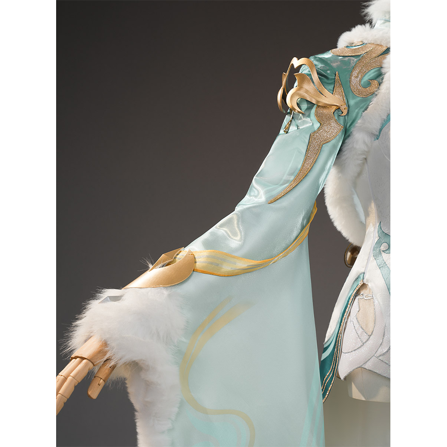 Zibai cosplay costume flowing sleeve detail in teal and white with gold trim and embroidery