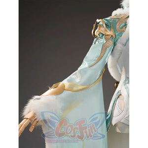Zibai cosplay costume flowing sleeve detail in teal and white with gold trim and embroidery
