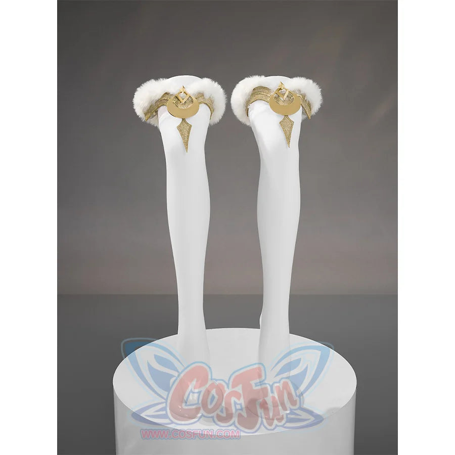 Zibai cosplay costume white stockings with gold ornamental tops and white fur trim accents