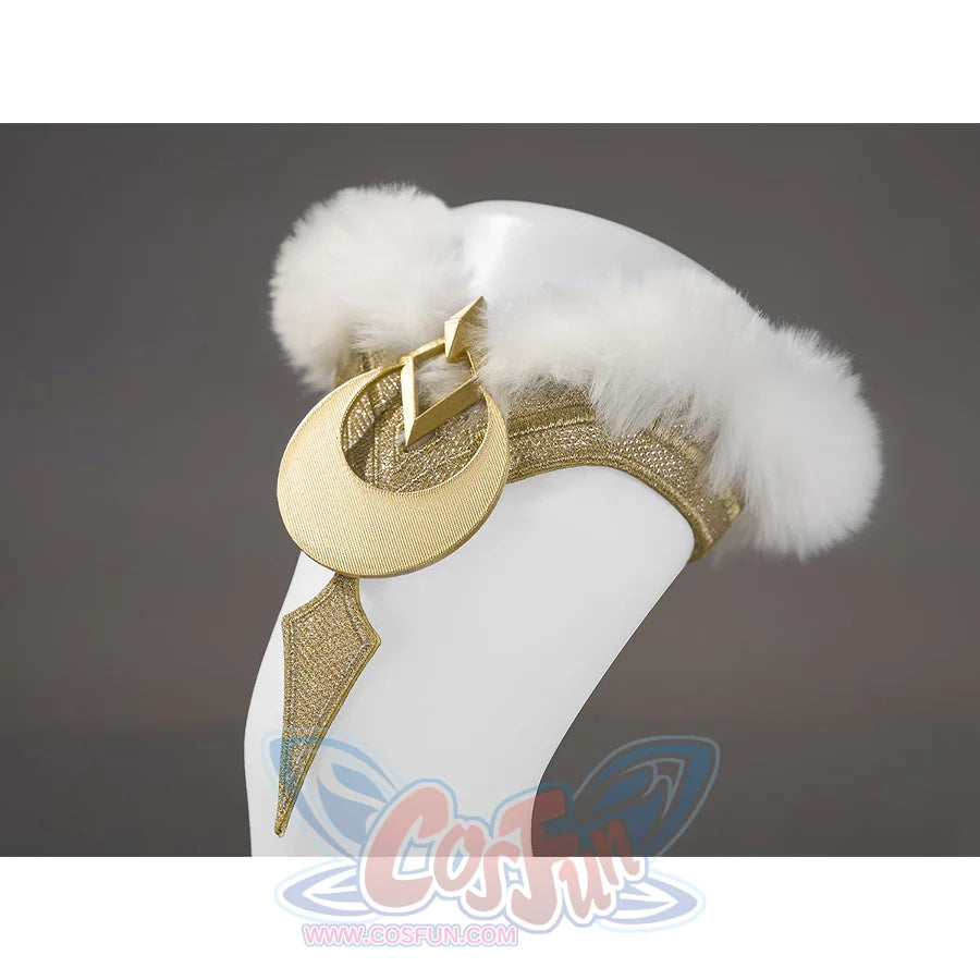 Zibai cosplay costume leg accessory with gold crescent moon, white fur puffs, and gold trim