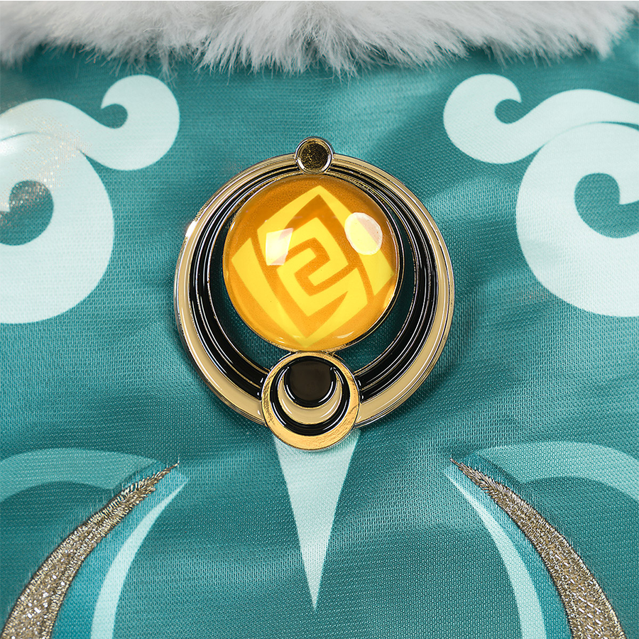 Zibai cosplay costume brooch accessory with gold frame, yellow gem, and swirl symbol on teal