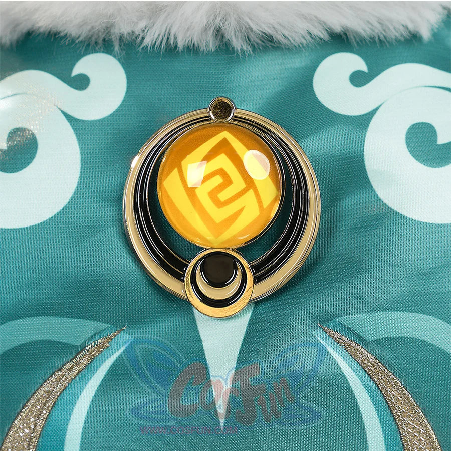 Zibai cosplay costume brooch accessory with gold frame, yellow gem, and swirl symbol on teal