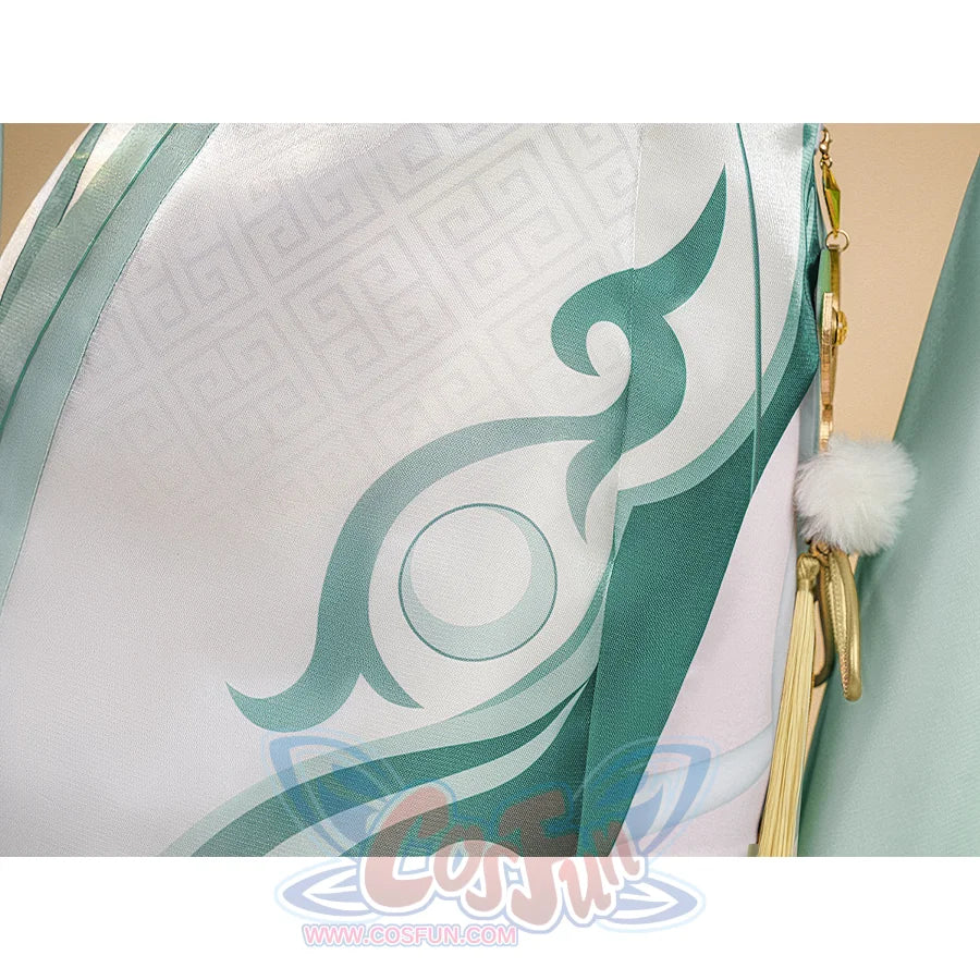 Zibai cosplay costume fabric print close-up showing turquoise cloud swirl motifs on white material