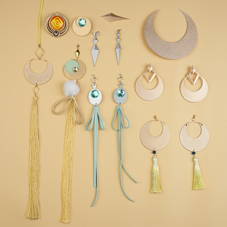 Zibai cosplay costume accessories set including earrings, pendants, tassels, and gold ornaments