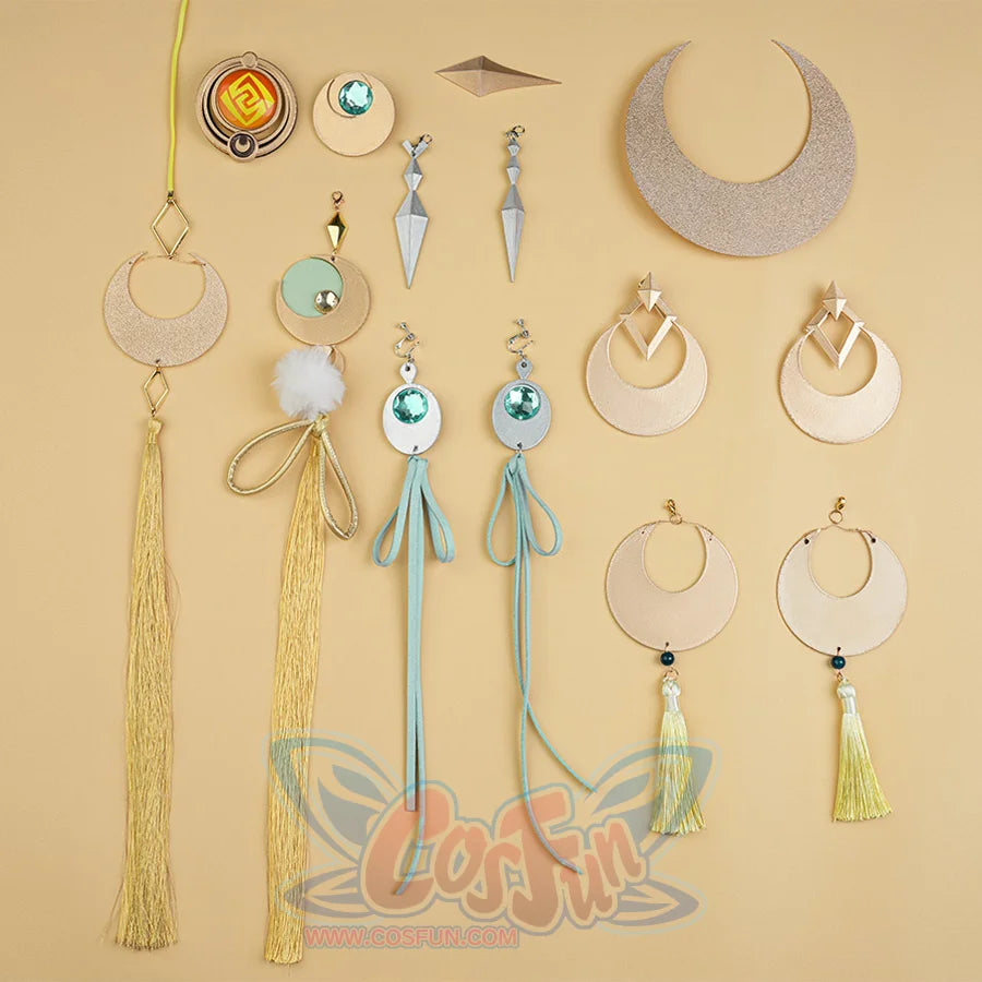 Zibai cosplay costume accessories set including earrings, pendants, tassels, and gold ornaments
