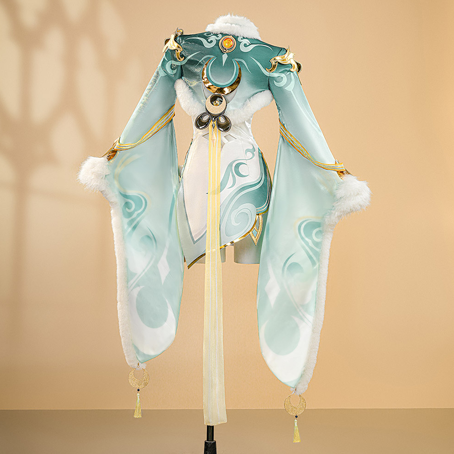 Genshin Impact Zibai cosplay costume back view featuring turquoise cape with cloud patterns and fur trim