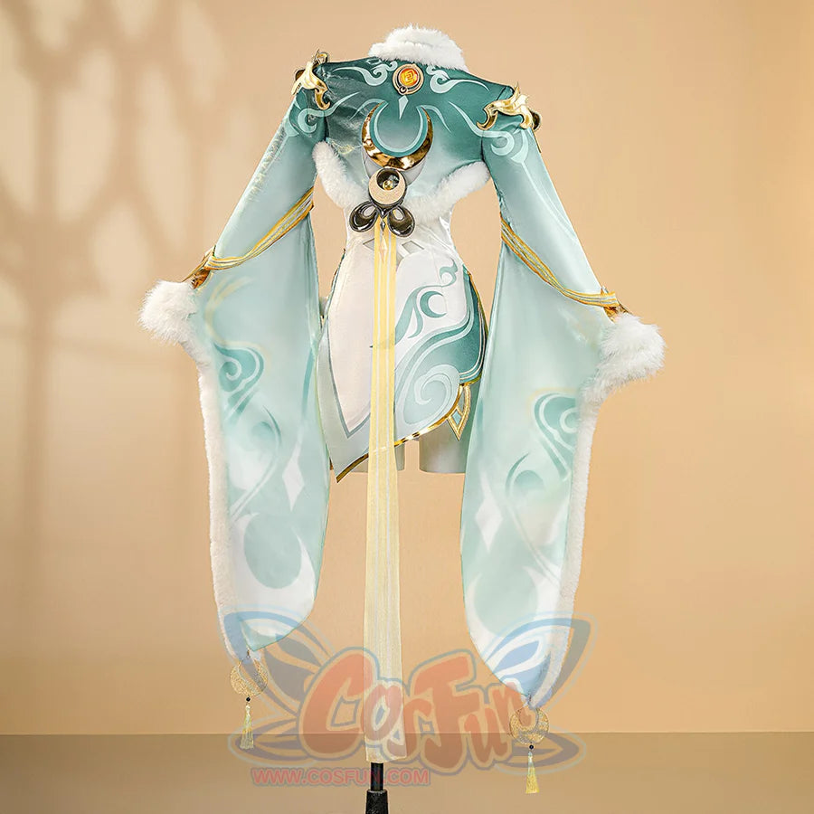 Genshin Impact Zibai cosplay costume back view featuring turquoise cape with cloud patterns and fur trim