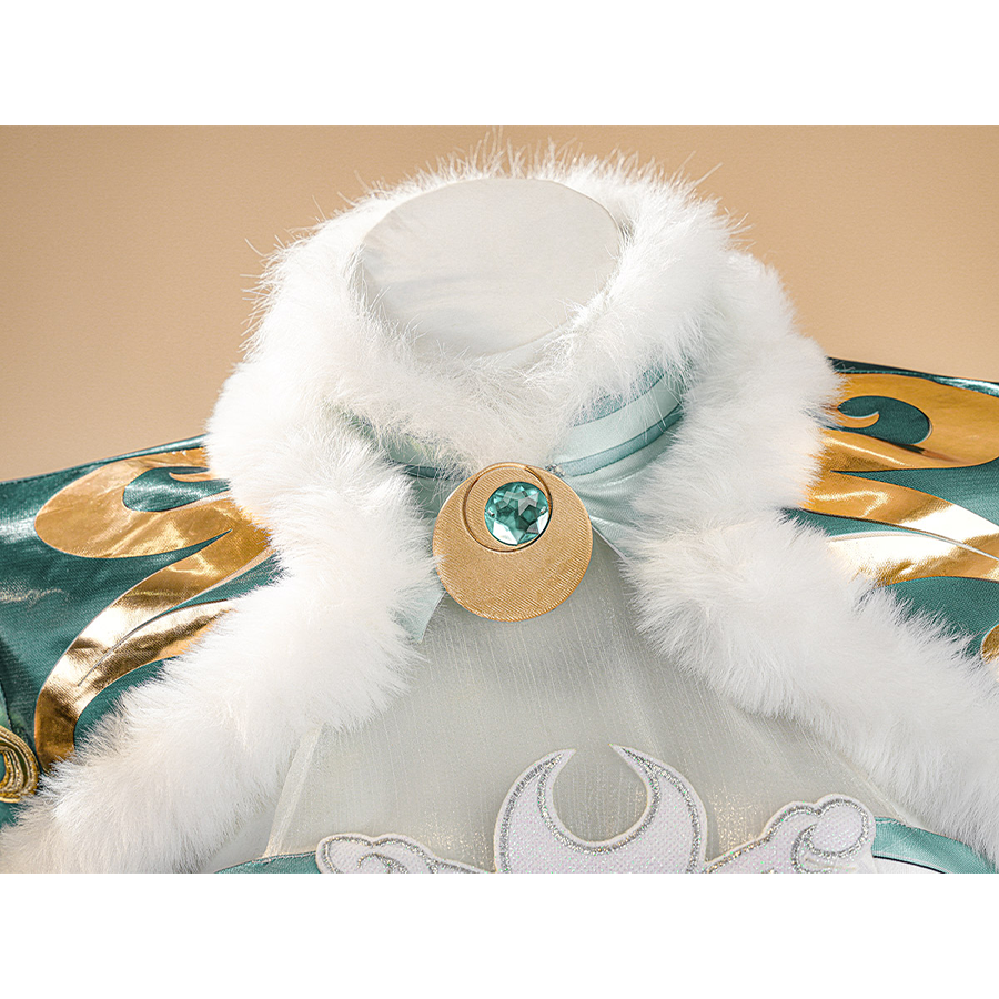 Zibai cosplay costume collar detail showing fluffy white fur trim with turquoise and gold accents