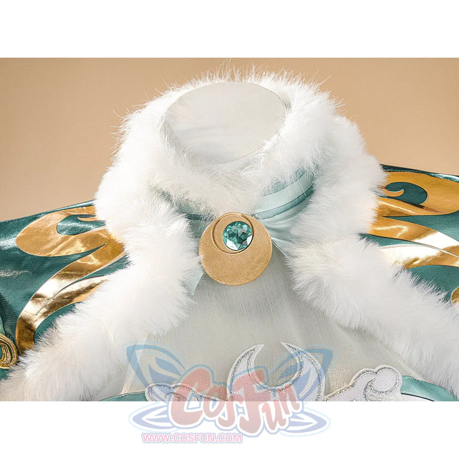 Zibai cosplay costume collar detail showing fluffy white fur trim with turquoise and gold accents