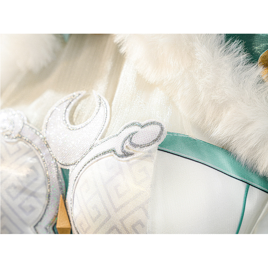 Zibai cosplay costume design detail featuring intricate embroidered patterns on white fabric