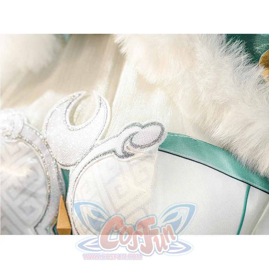 Zibai cosplay costume design detail featuring intricate embroidered patterns on white fabric