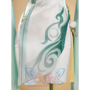 Zibai cosplay costume dress hem detail with turquoise swirl patterns and cream-colored tassel accent