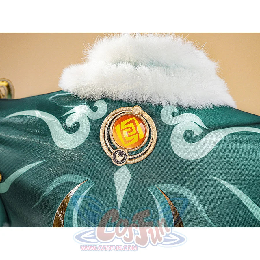Zibai cosplay costume cape center medallion with golden yellow gem, white fur trim, and cloud motifs