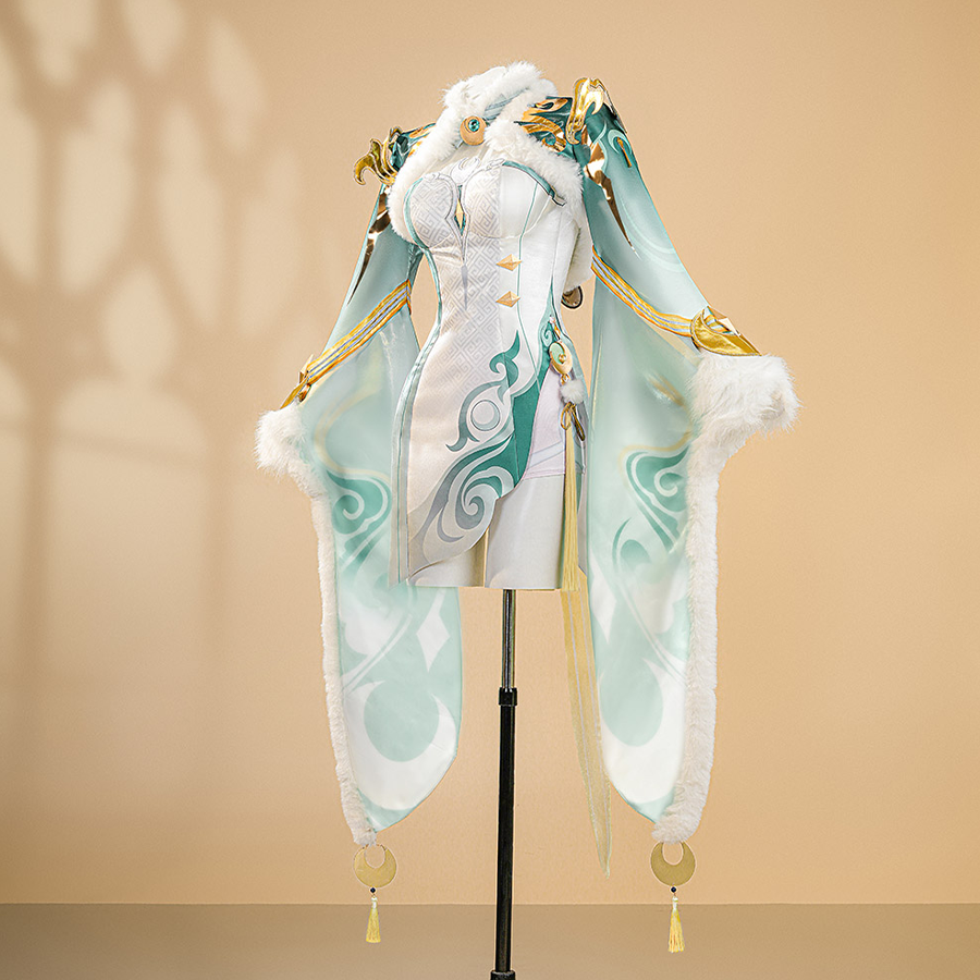 Zibai cosplay costume left side view displaying white bodysuit with turquoise accents and flowing cape