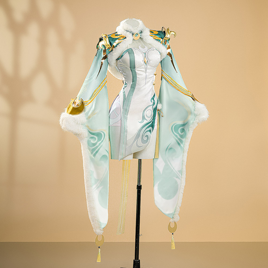 Zibai cosplay costume right side view showcasing elegant sleeves with gold trim and white fur details