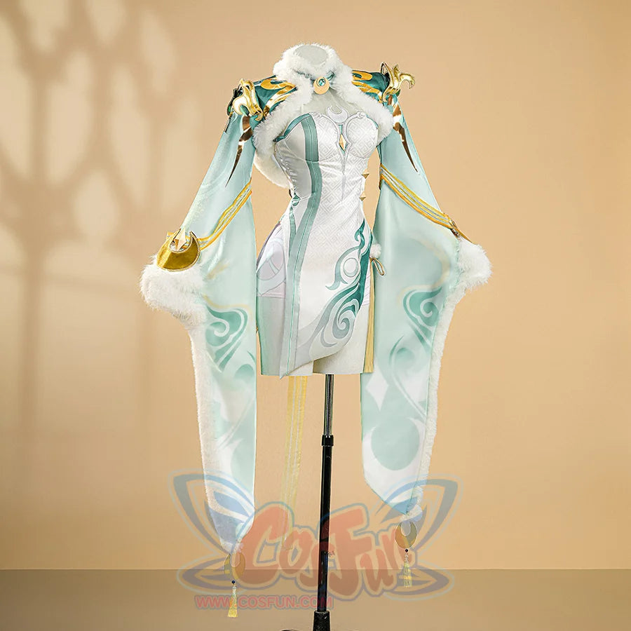 Zibai cosplay costume right side view showcasing elegant sleeves with gold trim and white fur details