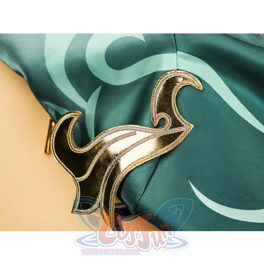 Zibai cosplay costume shoulder accessory with gold metallic trim on turquoise fabric background