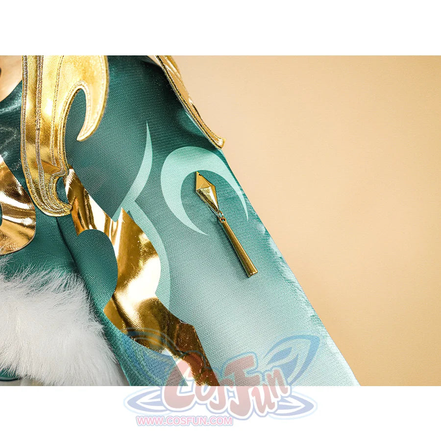 Zibai cosplay costume sleeve decorations with gold metallic trim and turquoise ombre fabric design