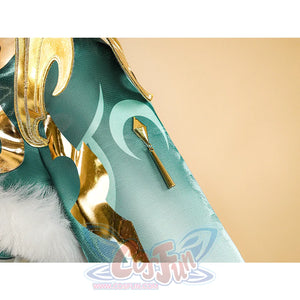 Zibai cosplay costume sleeve decorations with gold metallic trim and turquoise ombre fabric design