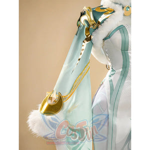 Zibai cosplay costume sleeve detail with gold accents, white fur trim, and flowing turquoise fabric