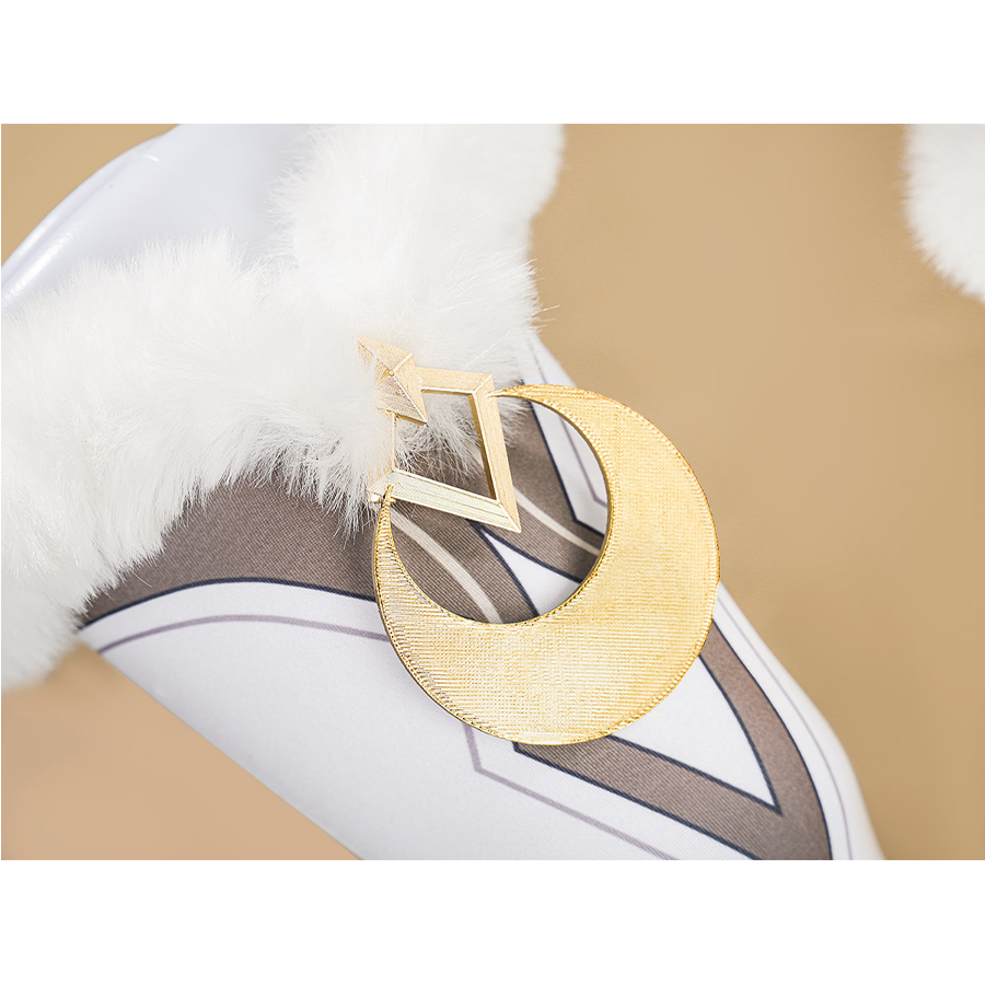 Zibai cosplay costume stocking top detail with gold crescent ornament and white fluffy fur trim