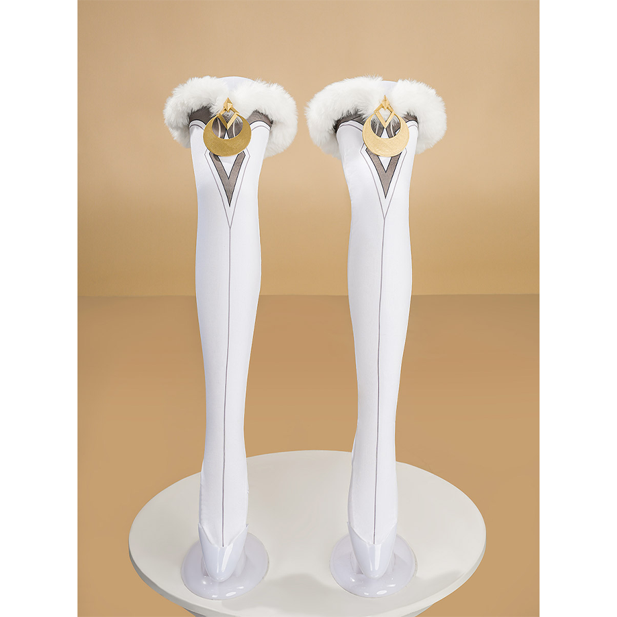 Zibai cosplay costume white thigh-high stockings with gold crown ornaments and white fur trim