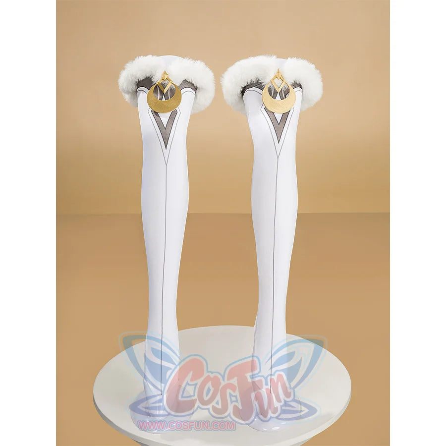 Zibai cosplay costume white thigh-high stockings with gold crown ornaments and white fur trim