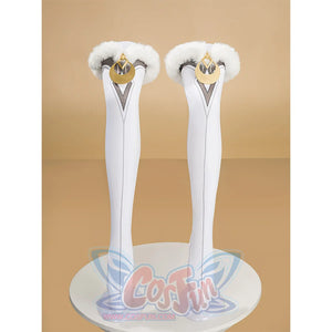 Zibai cosplay costume white thigh-high stockings with gold crown ornaments and white fur trim