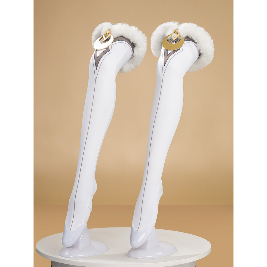 Zibai cosplay costume stockings side view showing gold crown detail and fluffy white fur trim