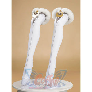 Zibai cosplay costume stockings side view showing gold crown detail and fluffy white fur trim