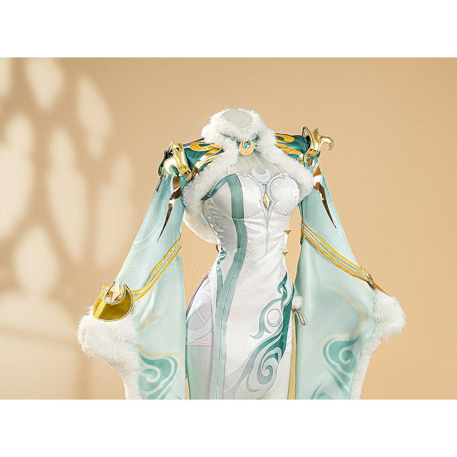 Zibai cosplay costume upper body detail with ornate shoulder armor and turquoise bodysuit