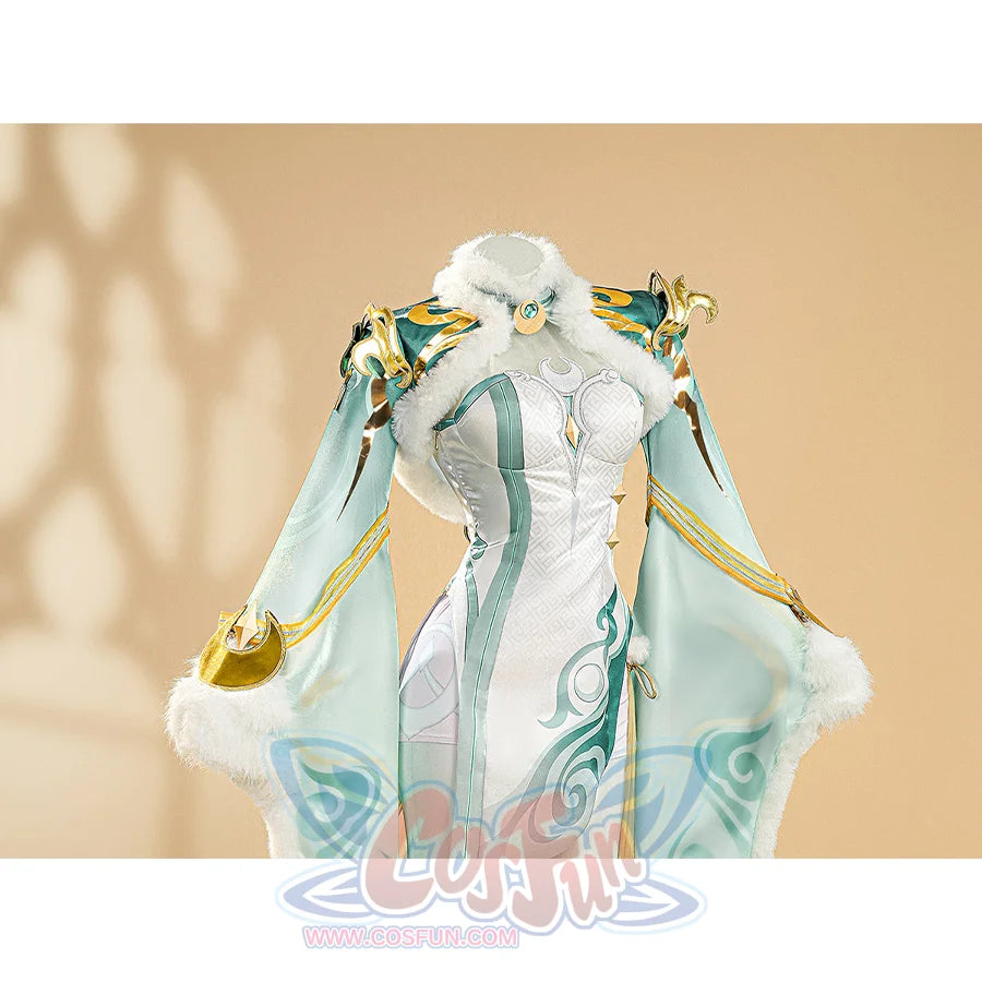 Zibai cosplay costume upper body detail with ornate shoulder armor and turquoise bodysuit