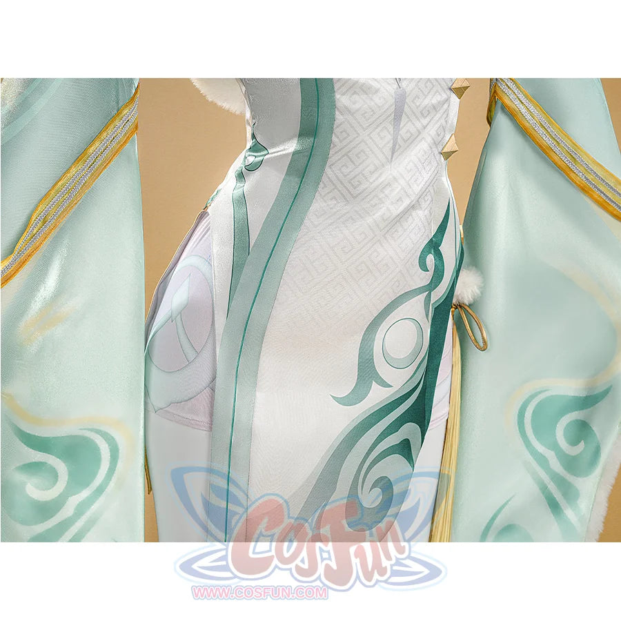 Zibai cosplay costume waist detail showing white patterned fabric with turquoise sash and gold trim