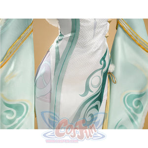 Zibai cosplay costume waist detail showing white patterned fabric with turquoise sash and gold trim