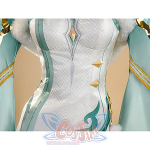 Zibai cosplay costume bodice front view with white patterned design, gold accents, and turquoise trim