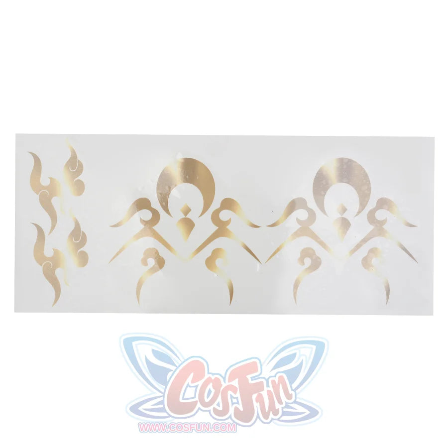 Zibai cosplay costume temporary tattoos featuring gold geometric flame and crescent moon designs