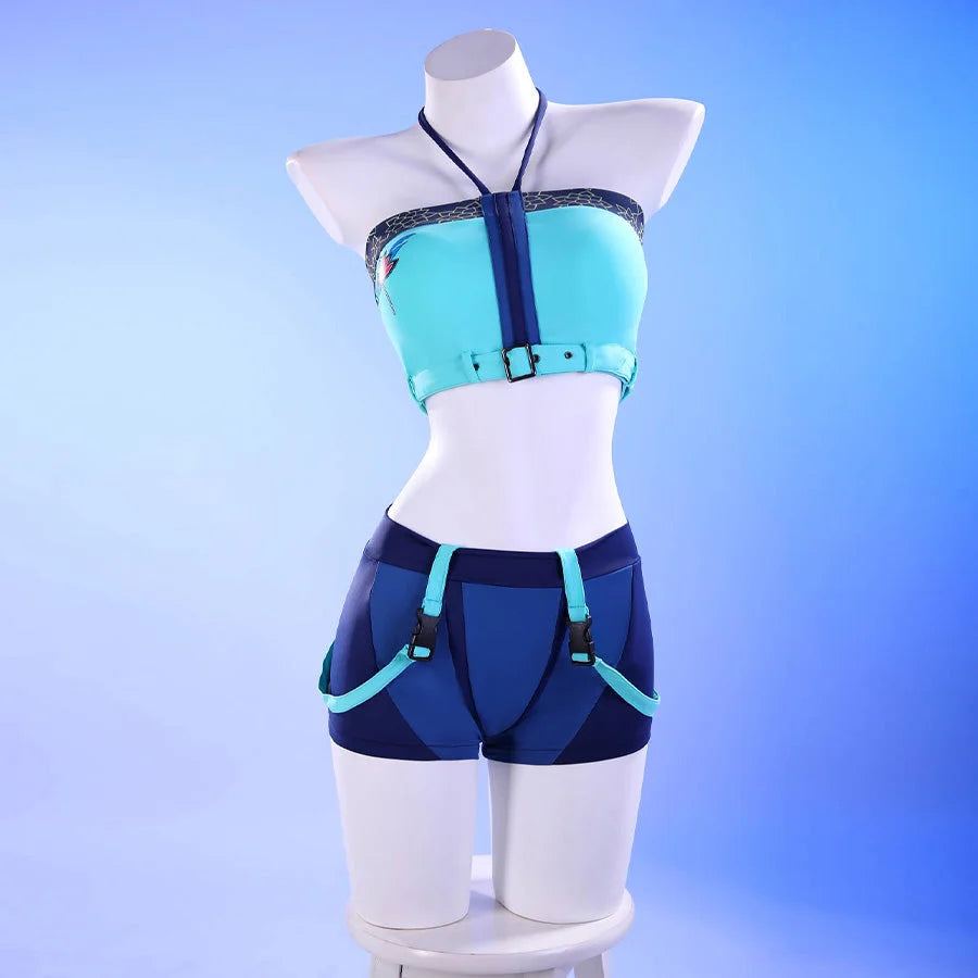 Zoey cosplay swimsuit tankini set in teal and navy blue, displayed on a mannequin with halter top and shorts