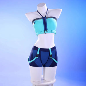 Zoey cosplay swimsuit tankini set in teal and navy blue, displayed on a mannequin with halter top and shorts